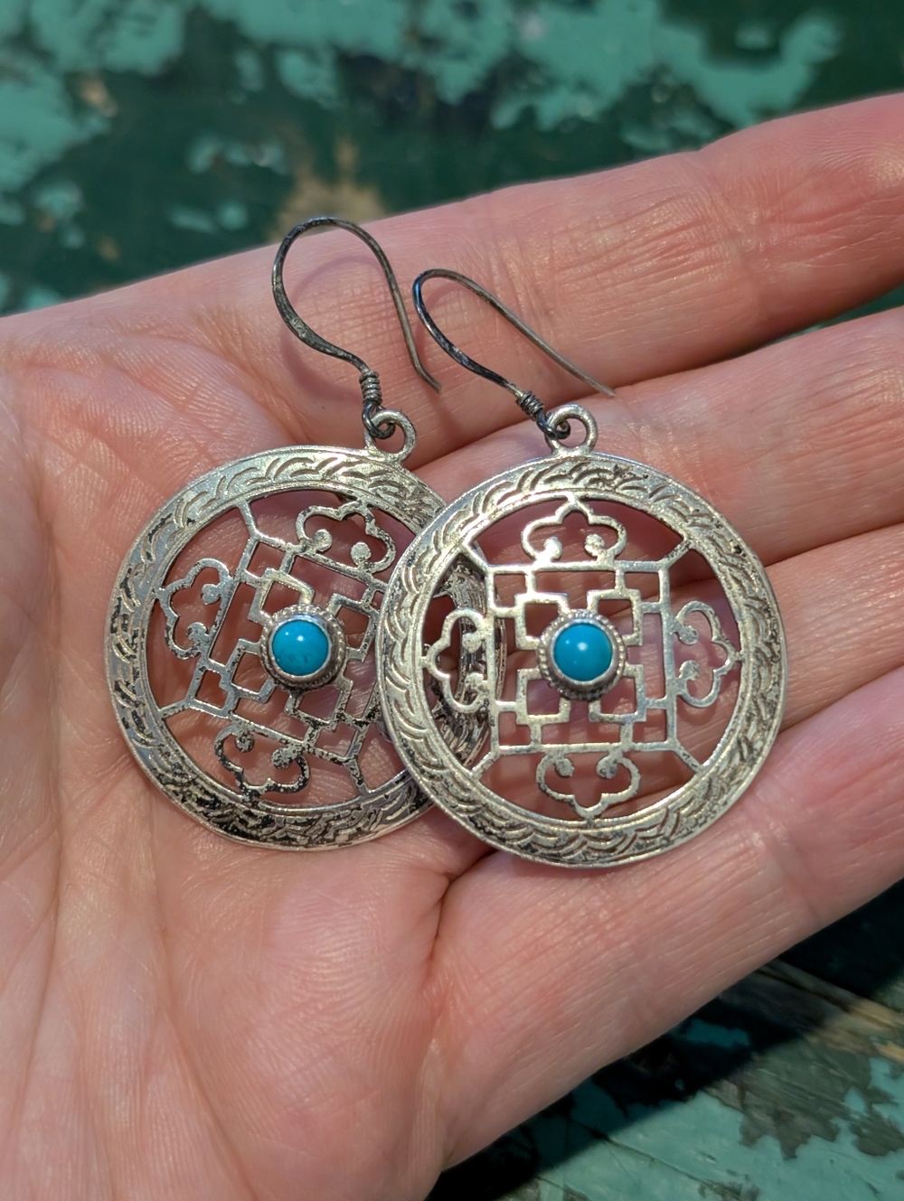 Vintage Tibetan Mandala Inlaid Turquoise Silver Sterling Earrings 8.8g